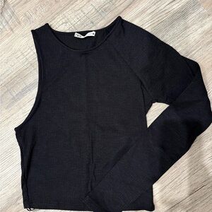 Zara Asymmetric One-Sleeve Ribbed Top — Black